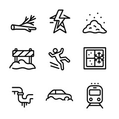Snowstorm Icon Set. Outline icon set of snowstorm effects: fallen tree, power outage, snow pile, blocked path, slippery surface,