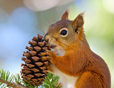 Close-up of a red squirrel eating a pine cone - Powered by Adobe