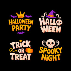 Dark themed party title, skeleton character badge, spooky night quote, witchcraft mini icon, festive cartoon bundle  