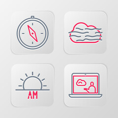 Set line Weather forecast, Sunrise, Fog and cloud and Compass icon. Vector
