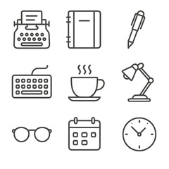 Writing Tools Icons. Outline icon set of writing tools: typewriter, notebook, pen, keyboard, coffee cup, lamp,