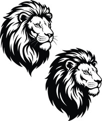 A majestic pair of roaring lion heads, detailed black and white vector silhouette illustrations, ideal for sports mascots, logo designs, and heraldic emblems, isolated on white.