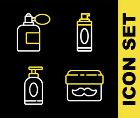Set line Shaving gel foam, Cream or lotion cosmetic jar, tube and Aftershave bottle with atomizer icon. Vector
