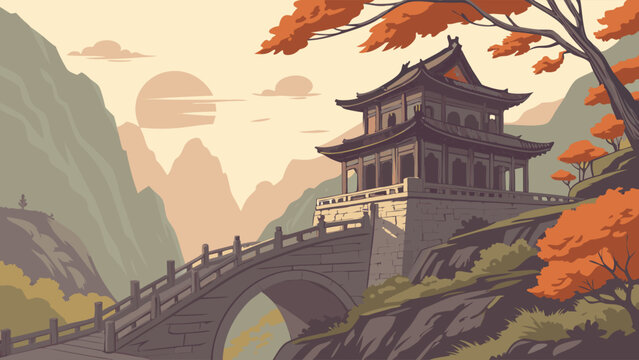 Asian Mountain Landscape with Pagoda and Bridge.