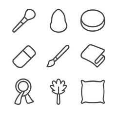 Soft Materials Icons. Outline icon set of soft materials and tools: makeup brush, sponge, cotton pad, soft eraser, paintbrush,