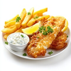 Delicious Crispy Fried Fish and Chips with Tartar Sauce Lemon Slices A Classic British Dish Food