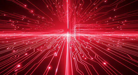 Abstract digital red background network, glowing lines converging at a central point, simulating a high-speed data flow.