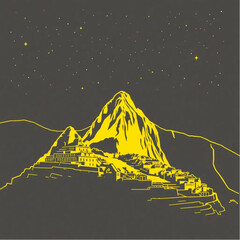 Machu Picchu bathed in golden light in Peru under a star-filled sky