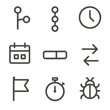 Software Timeline Icons. Outline icon set of software timeline: code branches, commit markers, clock, calendar, progress bar,