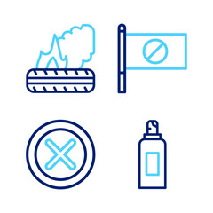 Set line Paint spray can, X Mark, Cross circle, Protest and Lying burning tires icon. Vector