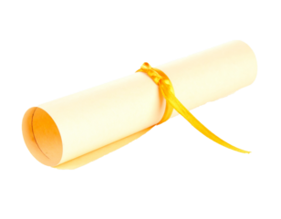 Rolled Diploma Certificate with Yellow Ribbon Isolated on White Background