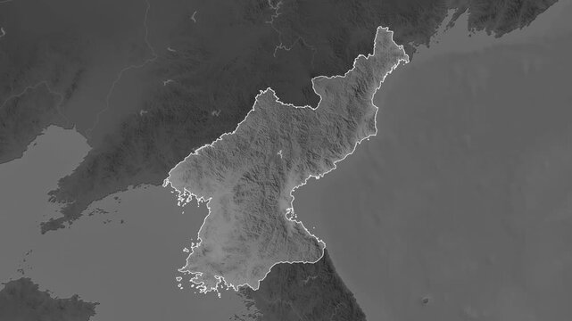 North Korea on the map. Zoom and highlight of the area on a grayscale map.
