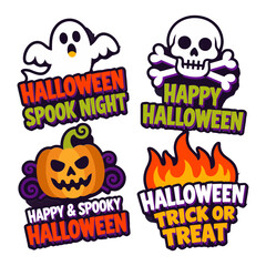 Trick or treat tag, halloween ghost icon, fiery pumpkin badge, black cat art, spooky sale layout, cartoon discount  