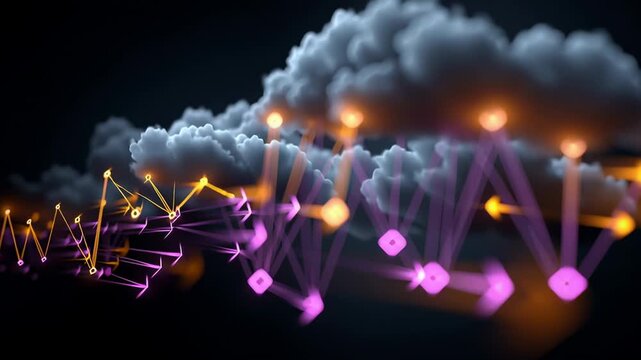 Abstract representation of cloud database with dynamic arrows and atmospheric elements in vivid colors