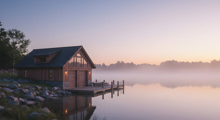 Fototapeta premium A serene boathouse cabin rests on a calm lake at sunrise, with a light fog blanketing the water. High-ranking keywords: 