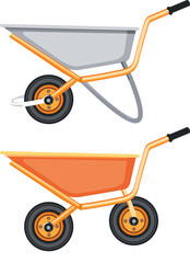 Wheelbarrows in Orange and Gray – Construction and Gardening Equipment Vector Illustration