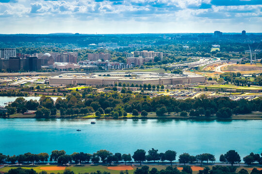 The Pentagon and Potomac river aerial panoramic view, Washington DC