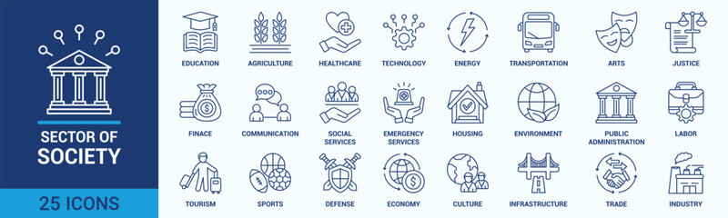 Sector of society icon set. Containing agriculture, education, healthcare, energy, technology, transportation, arts, justice and more. Outline vector icons collection.