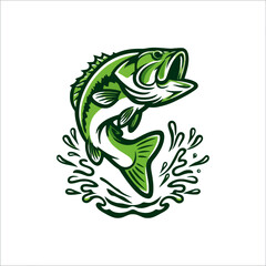 Jumping largemouth bass mascot logo. Green fish vector for fishing sport team.
