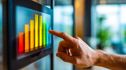 Person interacting with a colorful data analytics chart on a digital screen