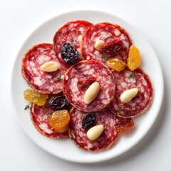 Obraz premium Delicious Salami Slices with Dried Fruits and Almonds on a Plate Gourmet Appetizer