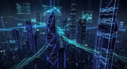 Futuristic Cityscape with Digital Network, Data Flow and Holographic Displays