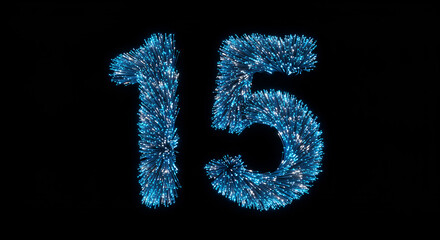 Glowing number 15 made of blue and white fiber optic strands in a firework burst. Festive 3D render for a 15th anniversary, birthday, or quinceañera celebration, isolated on a black background.