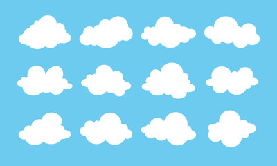 Collection of flat white clouds set on blue background. Vector set of cartoon flat illustration. Cloud