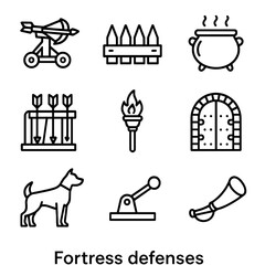 Fototapeta premium Outline Fortress Icons. Outline icon set of fortress defenses: ballista, wall spikes, boiling oil pot, arrow rack, signal torch,