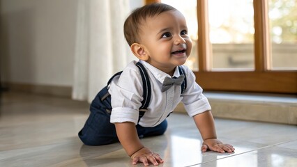 Adorable smiling Indian baby boy wearing nice outfit crawling indoors on soft flooring, natural light, playful expression, warm family moment. Suitable for marketing or business purposes