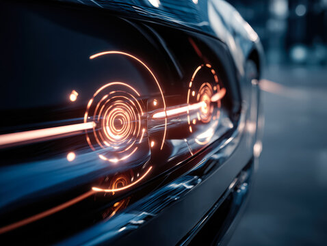 Futuristic digital interface on a sleek vehicle at dusk