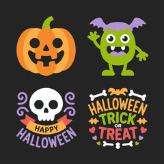 Halloween pumpkin monster skull sticker pack, spooky party icons, trick or treat design, playful cartoon vector illustration