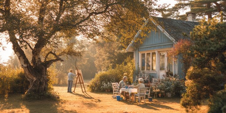 A senior couple painting a countryside cottage under soft golden light
