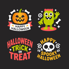 Halloween spooky sticker pack with pumpkin monster skull, trick or treat icons, playful party design, cartoon vector illustration