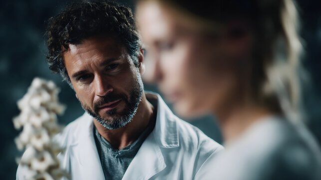 Doctor explaining spinal model to attentive patient during clinical consultation - Powered by Adobe