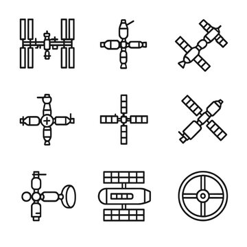 Space Station Icons. Outline icon set of space stations: International Space Station, Mir, Salyut, Tiangong, Skylab, Almaz,