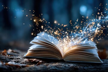 Open book releasing magical sparkles in a serene forest setting at dusk