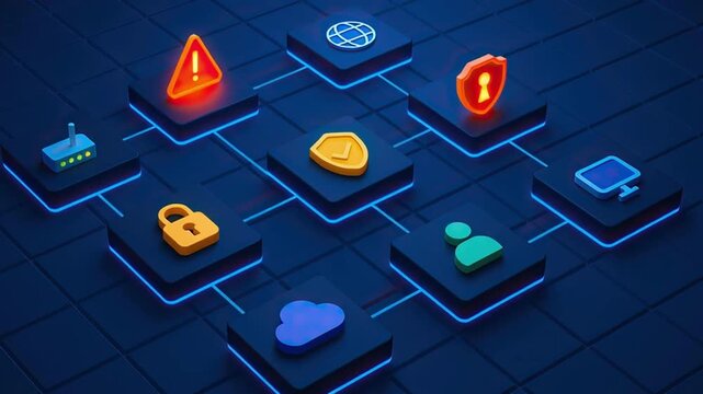 Network security concept glowing icons dark blue digital grid shield lock cloud user alert symbols representing data protection internet safety visualization digital protection and data safety
