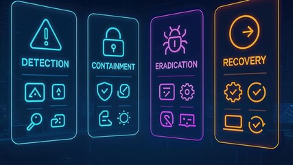 Cybersecurity process concept with glowing neon icons for detection containment eradication recovery digital security protection technology dark digital environment enhancing cybersecurity protection - Powered by Adobe