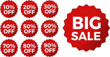 Vector illustration of red badge withdiscount percentages (10%–90%) in simple and modern style. Perfect for sale, promotion, marketing, retail, special offers, and e-commerce design. 
