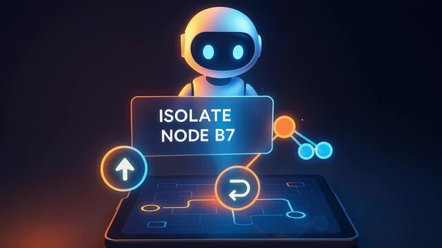Futuristic robot with glowing blue light eyes interacting with digital interface on tablet displaying network nodes and commands, isolated node B7 message, advanced technology concept