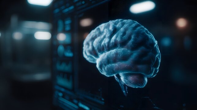 Futuristic holographic brain data analysis interface - Powered by Adobe