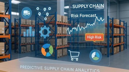 Supply chain risk forecast with high risk alert predictive analytics icons overlaying warehouse shelves filled with boxes showing logistics inventory management data visualization insights - Powered by Adobe