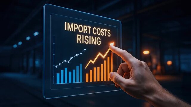 Import cost rising graph with hand pointing at glowing digital chart showing increasing import expenses and economic growth in futuristic technology interface and dark modern industrial background
