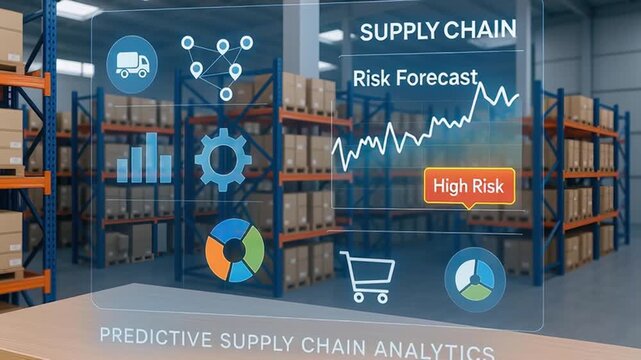 Supply chain risk forecast with high risk alert predictive analytics icons overlaying warehouse shelves filled with boxes showing logistics inventory management data visualization insights - Powered by Adobe