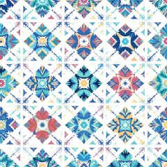 Fototapeta premium This artwork features a vibrant geometric pattern composed of repeating diamond shapes, each filled with symmetrical floral and star-like motifs. 