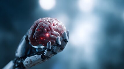 Robotic arm holding a digital brain model with advanced neuroscience lighting