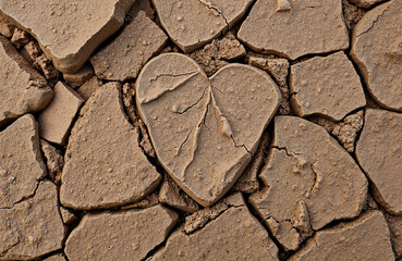 Fototapeta premium Heart-shaped stone on cracked earth highlighting drought conditions 