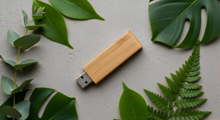 Eco-Friendly Bamboo USB Drive with Green Leaves