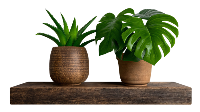 PNG of Two lush green potted plants displayed on a wooden shelf, adding a touch of nature to interior decor.